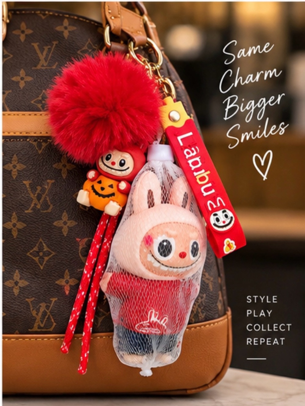 Handmade Labubu Halloween Bag Charm Keychain 🎃 Red Pom Pom OOAK